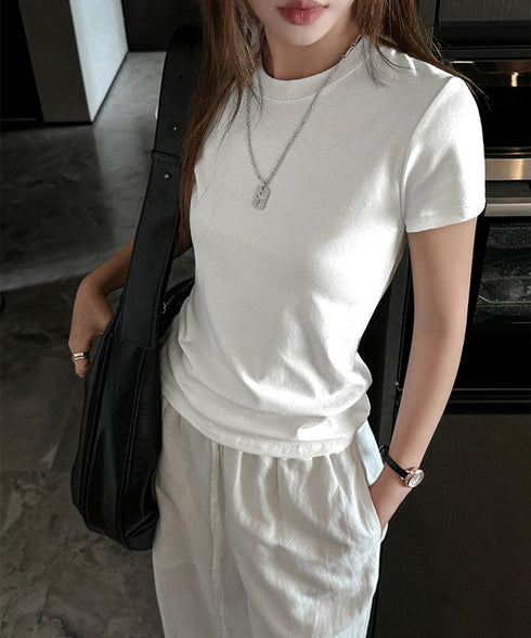 Tシャツ レディース フィットカットソー レディース クルーネックtシャツ 細見え夏服 ストレッチトップス シンプル 着回し タイトtシャツ 半袖カットソー無地 2DYYT-001