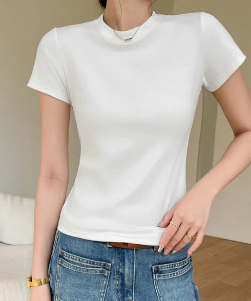 Tシャツ レディース フィットカットソー レディース クルーネックtシャツ 細見え夏服 ストレッチトップス シンプル 着回し タイトtシャツ 半袖カットソー無地 2DYYT-001