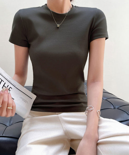 Tシャツ レディース フィットカットソー レディース クルーネックtシャツ 細見え夏服 ストレッチトップス シンプル 着回し タイトtシャツ 半袖カットソー無地 2DYYT-001