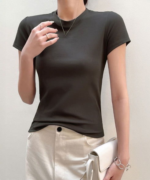 Tシャツ レディース フィットカットソー レディース クルーネックtシャツ 細見え夏服 ストレッチトップス シンプル 着回し タイトtシャツ 半袖カットソー無地 2DYYT-001