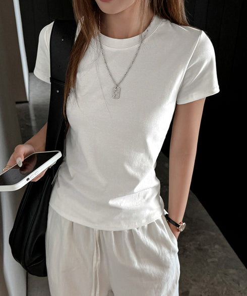 Tシャツ レディース フィットカットソー レディース クルーネックtシャツ 細見え夏服 ストレッチトップス シンプル 着回し タイトtシャツ 半袖カットソー無地 2DYYT-001