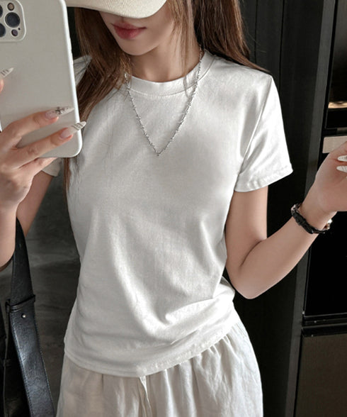 Tシャツ レディース フィットカットソー レディース クルーネックtシャツ 細見え夏服 ストレッチトップス シンプル 着回し タイトtシャツ 半袖カットソー無地 2DYYT-001