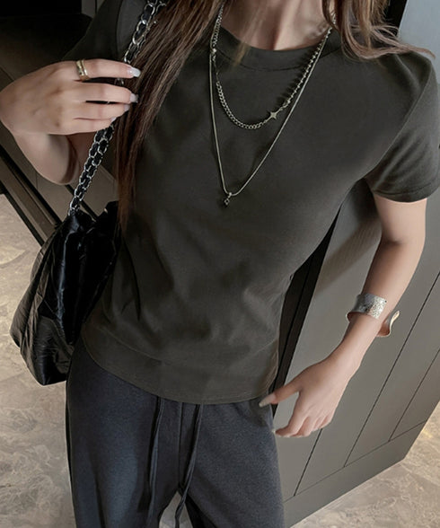 Tシャツ レディース フィットカットソー レディース クルーネックtシャツ 細見え夏服 ストレッチトップス シンプル 着回し タイトtシャツ 半袖カットソー無地 2DYYT-001