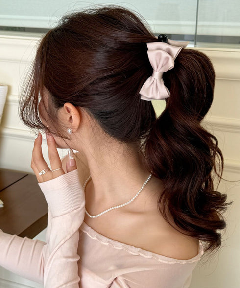 ビッグリボンバンスクリップサテンクリップ 大人可愛いヘアアクセサリー フェミニンヘアクリップ 簡単髪留め 女子会二次会 デート髪飾り しっかり留まるリボンクリップ 2FANXZ-001