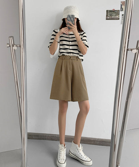 5分丈 タックショートパンツ レディース ハーフパンツ ハイウエスト ショートワイドパンツ 通勤通学ボトムス 大人オフィス おしゃれ 薄手スラックス短パン 膝上丈 2FZHE-001