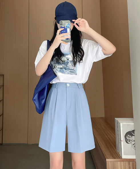 5分丈 タックショートパンツ レディース ハーフパンツ ハイウエスト ショートワイドパンツ 通勤通学ボトムス 大人オフィス おしゃれ 薄手スラックス短パン 膝上丈 2FZHE-001