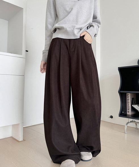 コーデュロイパンツレディースワイドパンツ ハイウエストイージーパンツ体型カバー ゆったりロングパンツ やや厚手タックパンツ 韓国風 脚長見せボトムス大人カジュアル 2FZHE-007