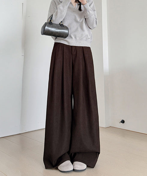 コーデュロイパンツレディースワイドパンツ ハイウエストイージーパンツ体型カバー ゆったりロングパンツ やや厚手タックパンツ 韓国風 脚長見せボトムス大人カジュアル 2FZHE-007