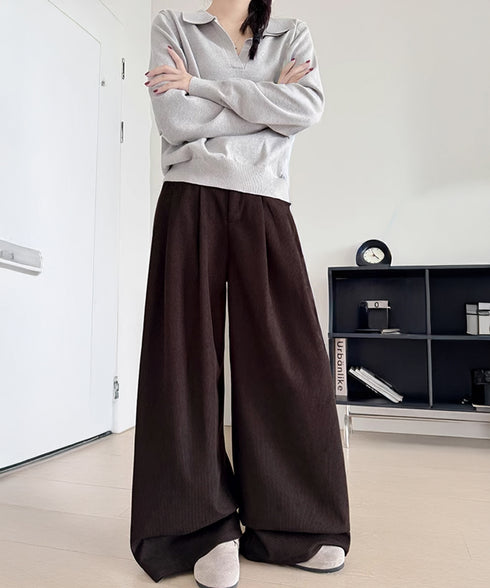 コーデュロイパンツレディースワイドパンツ ハイウエストイージーパンツ体型カバー ゆったりロングパンツ やや厚手タックパンツ 韓国風 脚長見せボトムス大人カジュアル 2FZHE-007