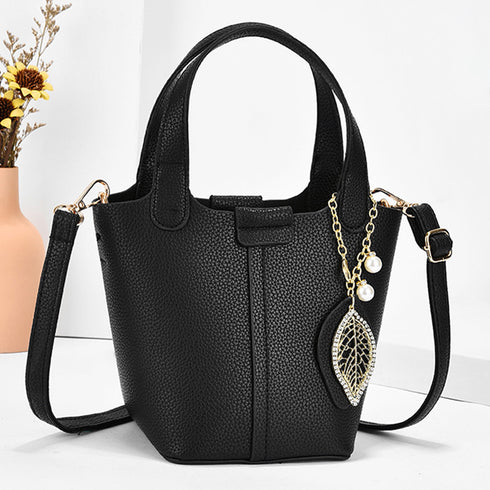 ショルダーバッグチャーム付きハンドバッグ レディース PUレザー バケットバッグ 2way 手提げ鞄 オフィスカジュアル 肩掛けバッグポーチ付き ミニトートバッグ 2GAOSHU-001