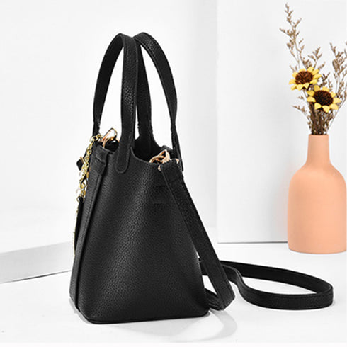 ショルダーバッグチャーム付きハンドバッグ レディース PUレザー バケットバッグ 2way 手提げ鞄 オフィスカジュアル 肩掛けバッグポーチ付き ミニトートバッグ 2GAOSHU-001