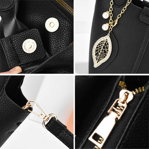 ショルダーバッグチャーム付きハンドバッグ レディース PUレザー バケットバッグ 2way 手提げ鞄 オフィスカジュアル 肩掛けバッグポーチ付き ミニトートバッグ 2GAOSHU-001