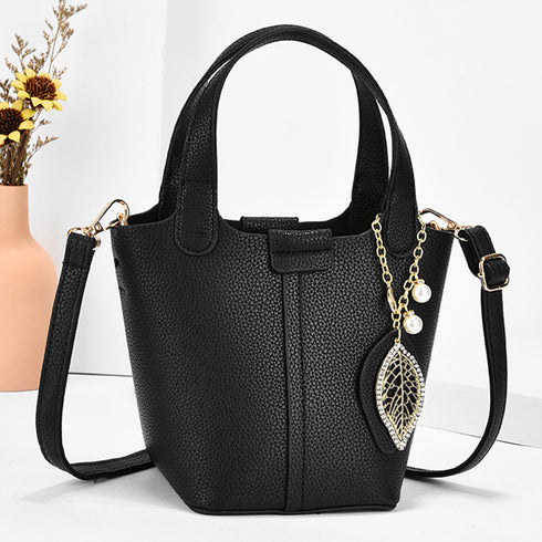 ショルダーバッグチャーム付きハンドバッグ レディース PUレザー バケットバッグ 2way 手提げ鞄 オフィスカジュアル 肩掛けバッグポーチ付き ミニトートバッグ 2GAOSHU-001