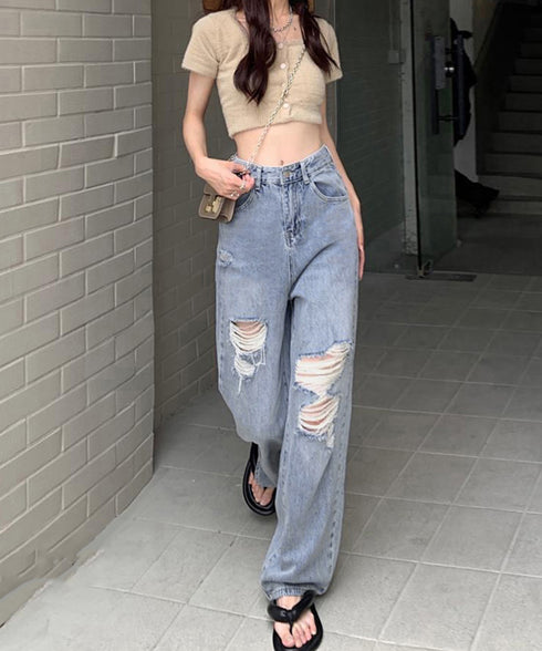 ダメージデニムパンツ クラッシュジーンズ レディース カッコいい ストレートパンツ ハイウエスト おしゃれカジュアルジーパン 春夏秋ゆったり 美脚脚長パンツ着やせ 2GDNA-001