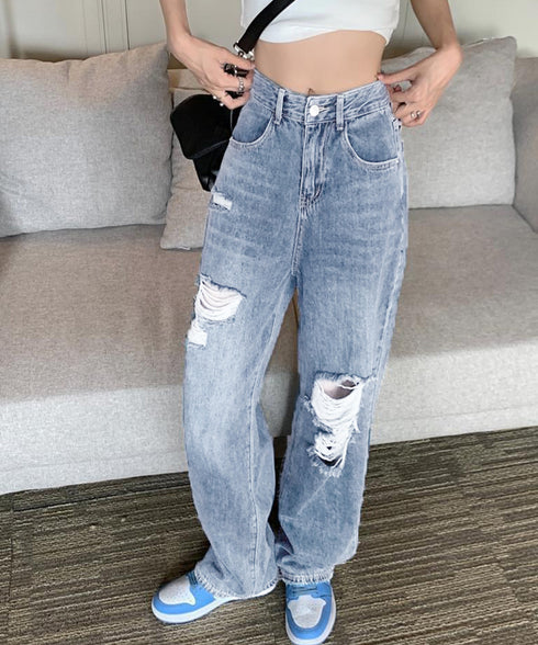 ダメージデニムパンツ クラッシュジーンズ レディース カッコいい ストレートパンツ ハイウエスト おしゃれカジュアルジーパン 春夏秋ゆったり 美脚脚長パンツ着やせ 2GDNA-001