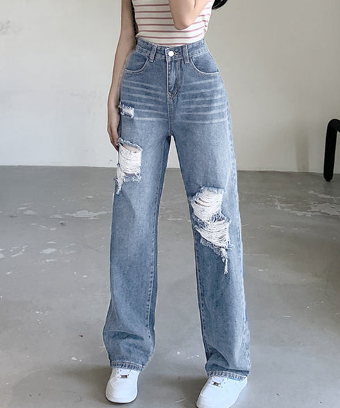 ダメージデニムパンツ クラッシュジーンズ レディース カッコいい ストレートパンツ ハイウエスト おしゃれカジュアルジーパン 春夏秋ゆったり 美脚脚長パンツ着やせ 2GDNA-001