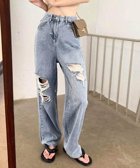 ダメージデニムパンツ クラッシュジーンズ レディース カッコいい ストレートパンツ ハイウエスト おしゃれカジュアルジーパン 春夏秋ゆったり 美脚脚長パンツ着やせ 2GDNA-001
