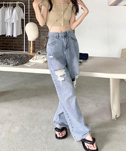 ダメージデニムパンツ クラッシュジーンズ レディース カッコいい ストレートパンツ ハイウエスト おしゃれカジュアルジーパン 春夏秋ゆったり 美脚脚長パンツ着やせ 2GDNA-001