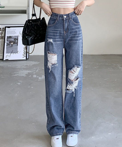 ダメージデニムパンツ クラッシュジーンズ レディース カッコいい ストレートパンツ ハイウエスト おしゃれカジュアルジーパン 春夏秋ゆったり 美脚脚長パンツ着やせ 2GDNA-001