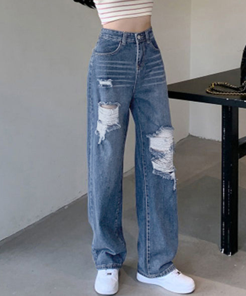 ダメージデニムパンツ クラッシュジーンズ レディース カッコいい ストレートパンツ ハイウエスト おしゃれカジュアルジーパン 春夏秋ゆったり 美脚脚長パンツ着やせ 2GDNA-001