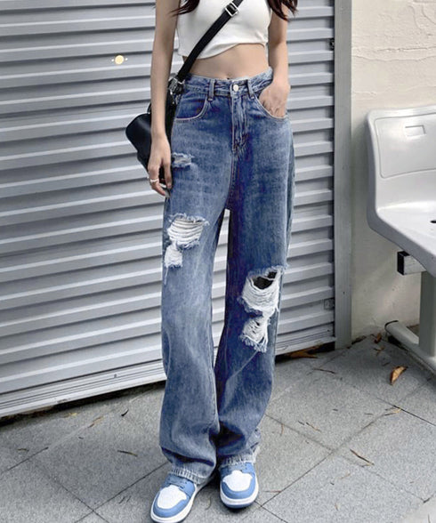 ダメージデニムパンツ クラッシュジーンズ レディース カッコいい ストレートパンツ ハイウエスト おしゃれカジュアルジーパン 春夏秋ゆったり 美脚脚長パンツ着やせ 2GDNA-001