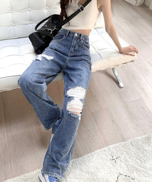 ダメージデニムパンツ クラッシュジーンズ レディース カッコいい ストレートパンツ ハイウエスト おしゃれカジュアルジーパン 春夏秋ゆったり 美脚脚長パンツ着やせ 2GDNA-001