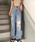 ダメージデニムパンツ クラッシュジーンズ レディース カッコいい ストレートパンツ ハイウエスト おしゃれカジュアルジーパン 春夏秋ゆったり 美脚脚長パンツ着やせ 2GDNA-001