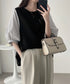 異素材切替ストライプ袖トップス体型カバー レディース大人カジュアル 韓国風チェック柄袖ドッキングブラウス ボリュームスリーブ ゆったり五分袖カットソーレイヤード風 2HPIN-001