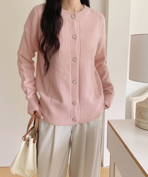 リボンワンポイントニットカーディガン秋冬 レディース パール調ボタン ニットトップス 長袖 ニットアウター クルーネック セーター 韓国風 ベーシック ニット羽織 2HUANYI-001