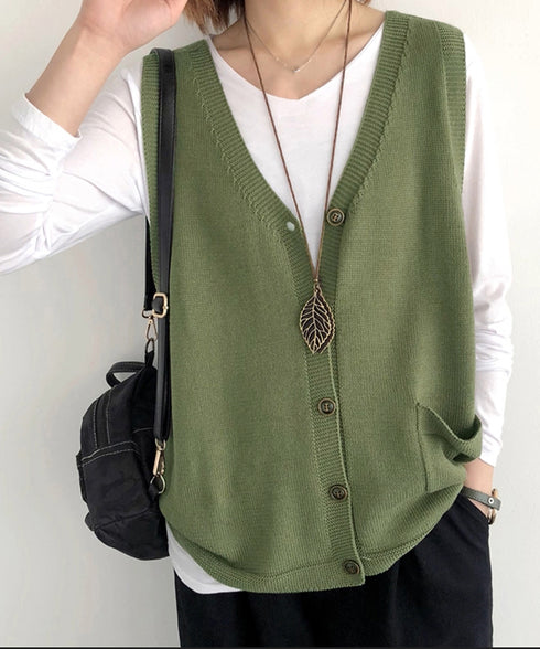 ニットベスト レディース 前開きチョッキ ポケット付きニットジレ Vネック ノースリーブニットトップス カジュアル レトロ ニットタンク 体型カバー春秋服 韓国風 2HUANYI-002