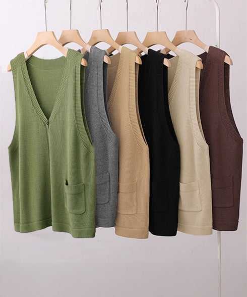 ニットベスト レディース 前開きチョッキ ポケット付きニットジレ Vネック ノースリーブニットトップス カジュアル レトロ ニットタンク 体型カバー春秋服 韓国風 2HUANYI-002
