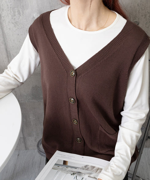 ニットベスト レディース 前開きチョッキ ポケット付きニットジレ Vネック ノースリーブニットトップス カジュアル レトロ ニットタンク 体型カバー春秋服 韓国風 2HUANYI-002
