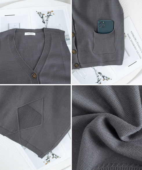 ニットベスト レディース 前開きチョッキ ポケット付きニットジレ Vネック ノースリーブニットトップス カジュアル レトロ ニットタンク 体型カバー春秋服 韓国風 2HUANYI-002