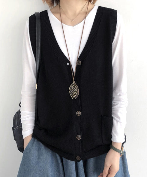 ニットベスト レディース 前開きチョッキ ポケット付きニットジレ Vネック ノースリーブニットトップス カジュアル レトロ ニットタンク 体型カバー春秋服 韓国風 2HUANYI-002