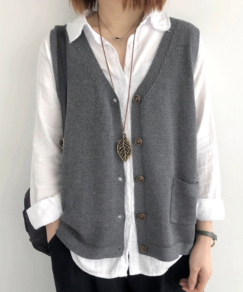 ニットベスト レディース 前開きチョッキ ポケット付きニットジレ Vネック ノースリーブニットトップス カジュアル レトロ ニットタンク 体型カバー春秋服 韓国風 2HUANYI-002
