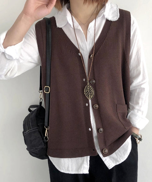 ニットベスト レディース 前開きチョッキ ポケット付きニットジレ Vネック ノースリーブニットトップス カジュアル レトロ ニットタンク 体型カバー春秋服 韓国風 2HUANYI-002