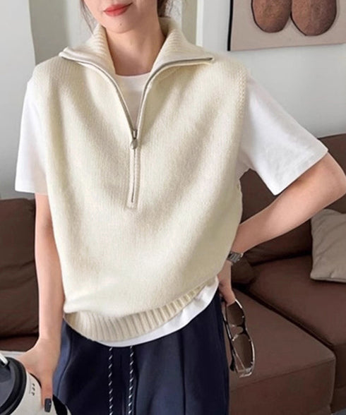 ハーフジップ ニットベストスタンドカラー ハイネック ニットチョッキ シンプルおしゃれ ノースリーブニットトップス レディース カジュアルニット 無地重ね着秋冬服 2HUANYI-003