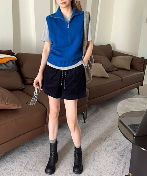 ハーフジップ ニットベストスタンドカラー ハイネック ニットチョッキ シンプルおしゃれ ノースリーブニットトップス レディース カジュアルニット 無地重ね着秋冬服 2HUANYI-003