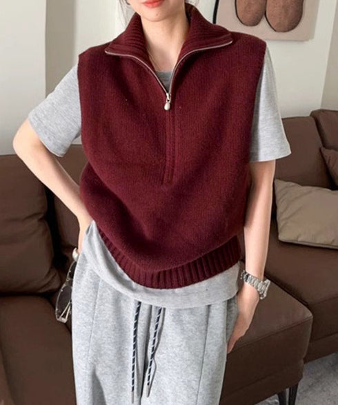 ハーフジップ ニットベストスタンドカラー ハイネック ニットチョッキ シンプルおしゃれ ノースリーブニットトップス レディース カジュアルニット 無地重ね着秋冬服 2HUANYI-003