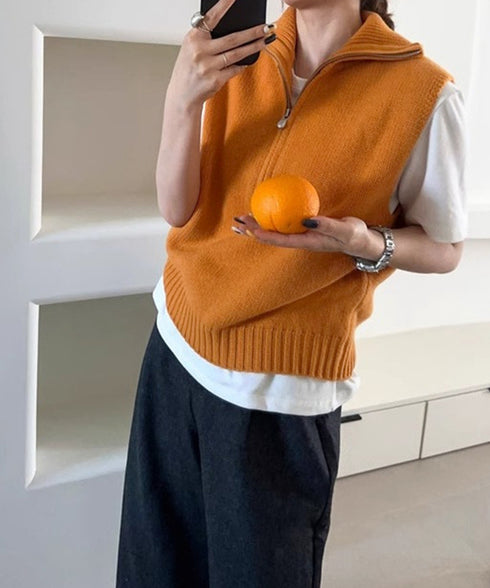 ハーフジップ ニットベストスタンドカラー ハイネック ニットチョッキ シンプルおしゃれ ノースリーブニットトップス レディース カジュアルニット 無地重ね着秋冬服 2HUANYI-003