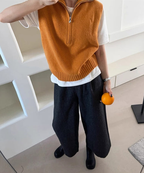 ハーフジップ ニットベストスタンドカラー ハイネック ニットチョッキ シンプルおしゃれ ノースリーブニットトップス レディース カジュアルニット 無地重ね着秋冬服 2HUANYI-003