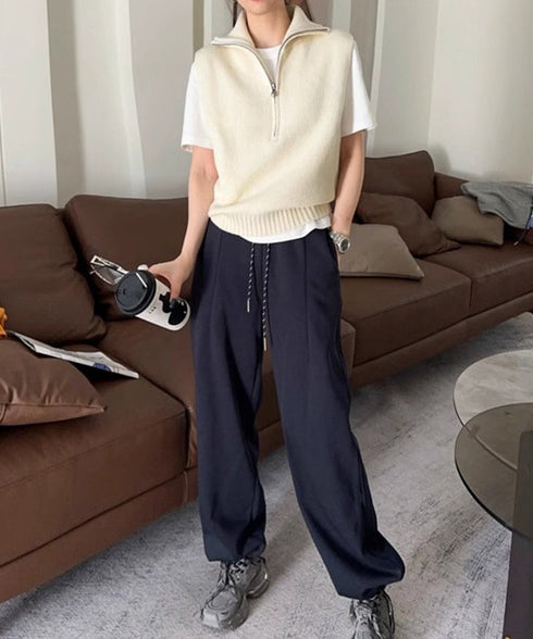 ハーフジップ ニットベストスタンドカラー ハイネック ニットチョッキ シンプルおしゃれ ノースリーブニットトップス レディース カジュアルニット 無地重ね着秋冬服 2HUANYI-003