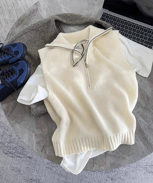 ハーフジップ ニットベストスタンドカラー ハイネック ニットチョッキ シンプルおしゃれ ノースリーブニットトップス レディース カジュアルニット 無地重ね着秋冬服 2HUANYI-003