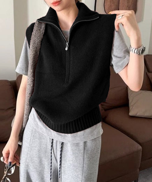 ハーフジップ ニットベストスタンドカラー ハイネック ニットチョッキ シンプルおしゃれ ノースリーブニットトップス レディース カジュアルニット 無地重ね着秋冬服 2HUANYI-003
