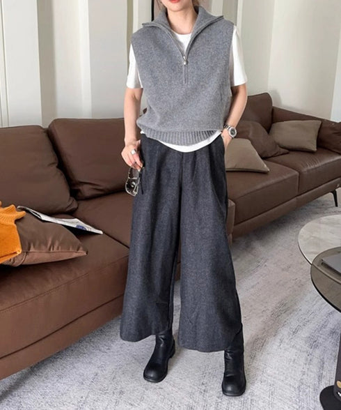 ハーフジップ ニットベストスタンドカラー ハイネック ニットチョッキ シンプルおしゃれ ノースリーブニットトップス レディース カジュアルニット 無地重ね着秋冬服 2HUANYI-003