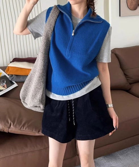 ハーフジップ ニットベストスタンドカラー ハイネック ニットチョッキ シンプルおしゃれ ノースリーブニットトップス レディース カジュアルニット 無地重ね着秋冬服 2HUANYI-003