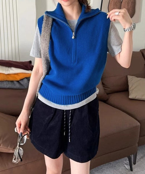 ハーフジップ ニットベストスタンドカラー ハイネック ニットチョッキ シンプルおしゃれ ノースリーブニットトップス レディース カジュアルニット 無地重ね着秋冬服 2HUANYI-003