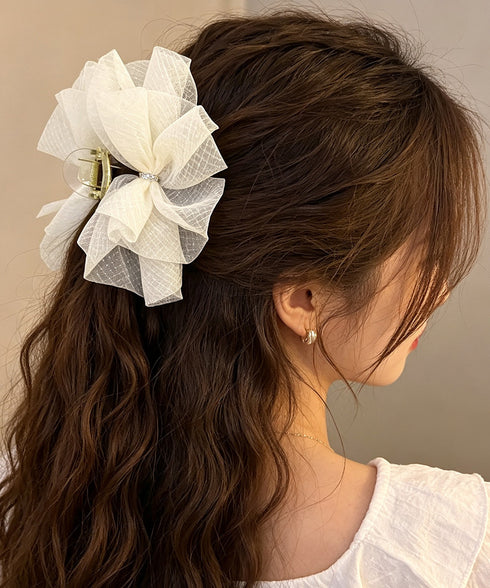 リボンバンスクリップ韓国風ヘアアクセ上品 シアービッグリボン髪留め 大きめヘアクリップ 大人可愛いハーフアップ用クリップボリューム感華やか髪飾りオーガンジー髪留め 2HUIXIAN-001