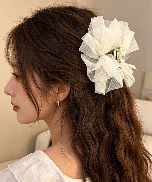 リボンバンスクリップ韓国風ヘアアクセ上品 シアービッグリボン髪留め 大きめヘアクリップ 大人可愛いハーフアップ用クリップボリューム感華やか髪飾りオーガンジー髪留め 2HUIXIAN-001