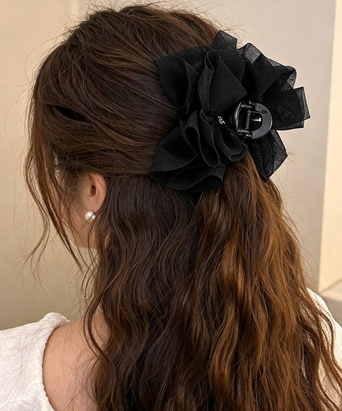 リボンバンスクリップ韓国風ヘアアクセ上品 シアービッグリボン髪留め 大きめヘアクリップ 大人可愛いハーフアップ用クリップボリューム感華やか髪飾りオーガンジー髪留め 2HUIXIAN-001